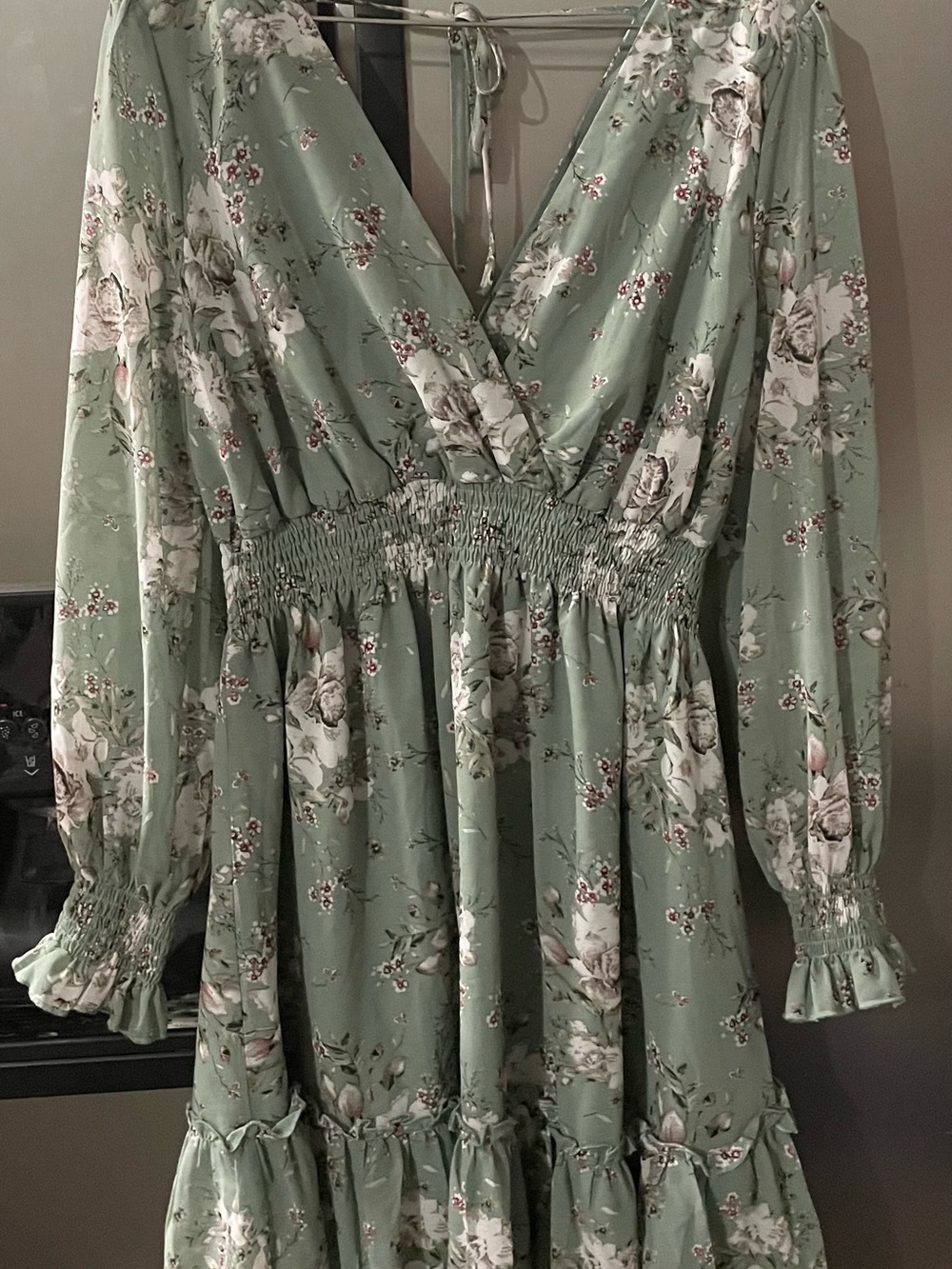 Sage Green Floral Smocked Waist Long Sleeve Midi Dress